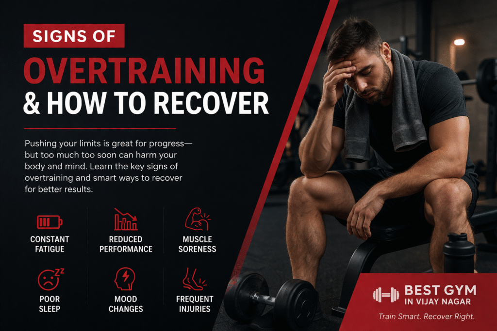 a gym showing signs of overtraining like fatigue and stress, highlighting recovery tips for better performance at the Best gym in Vijay Nagar.